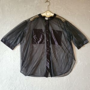 Vintage Black Sheer Nylon Button Up Top 4X Whimsigoth Witchy Shirt Pockets